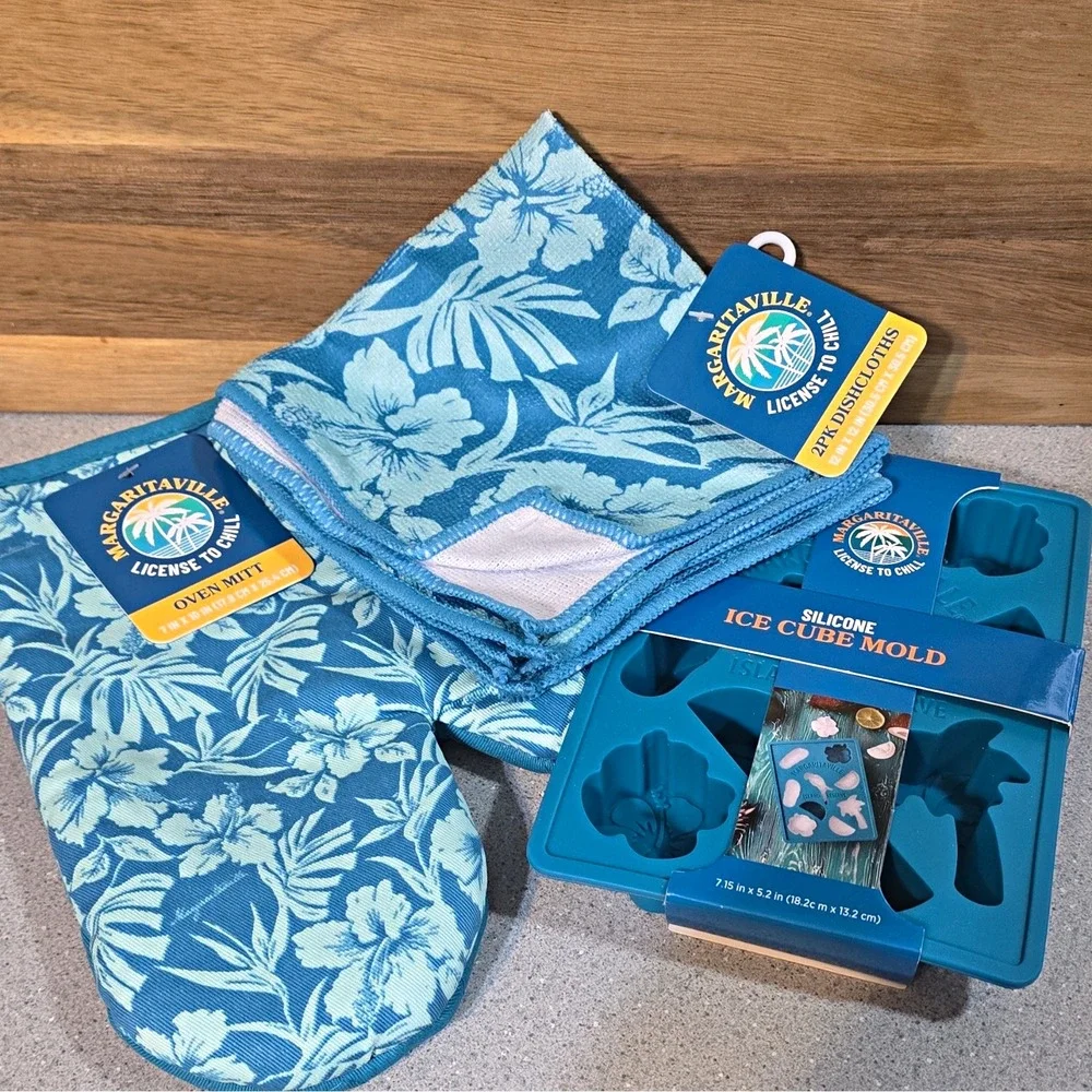 Margaritaville License to Chill Floral Tropical Quilted Oven Mitt & 2 Dishcloths